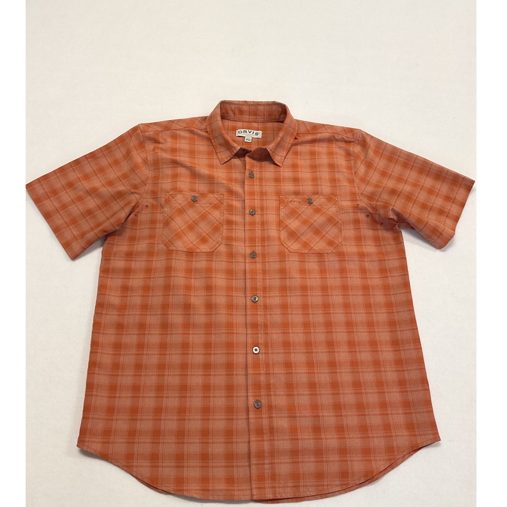Orvis Mens Orange Plaid Short Sleeve Button Down Shirt Large 1494392 Outdoor